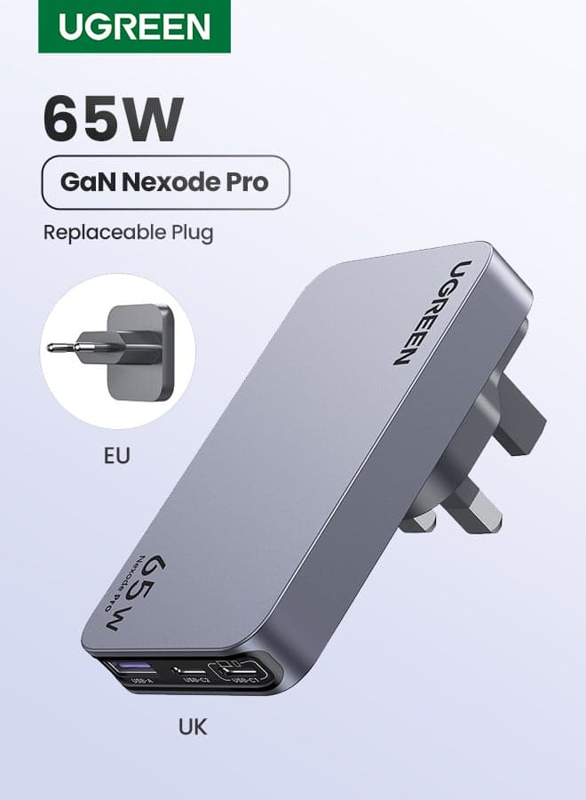 Nexode Pro 65W Charger Type C 2C1A Wall Adapter With Replaceable Plug(UK+EU Plug) Slim Design Compatible With iPhone 16 15 Pro Max Galaxy S24 23 Ultra Z Flip 6 5 Macbook Air iPad Pro Mini Xiaomi Vivo UK/EU+2C1A