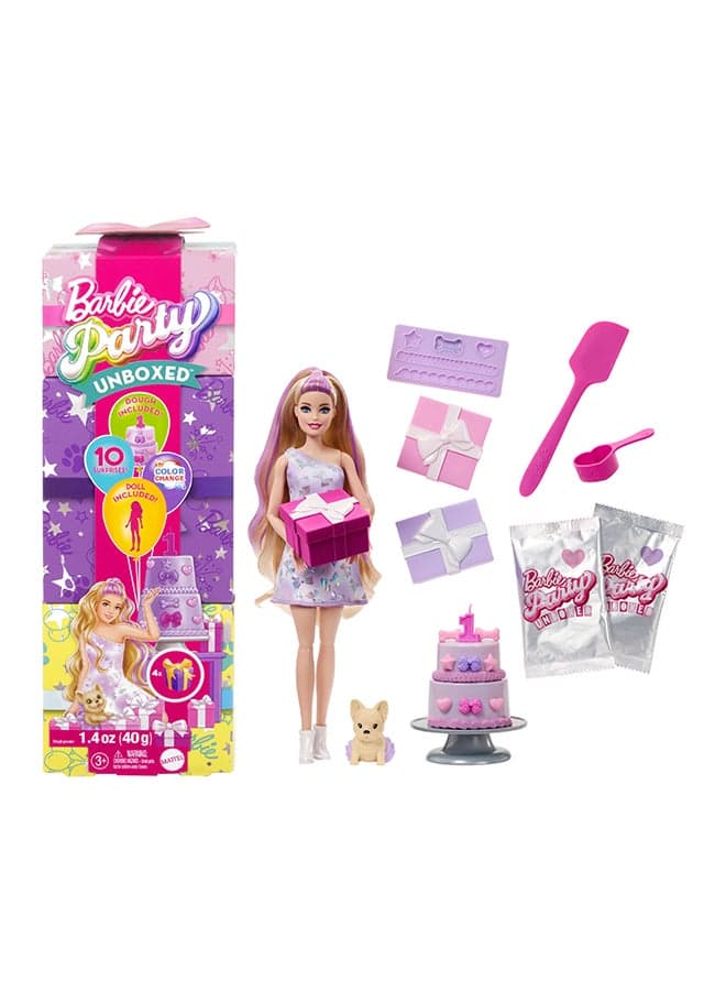 Party Unboxed Doll & Accessories, Pet Birthday Series Birthday Bows Set with 10 Surprises Including Color Change & Cake-Decorating Activity