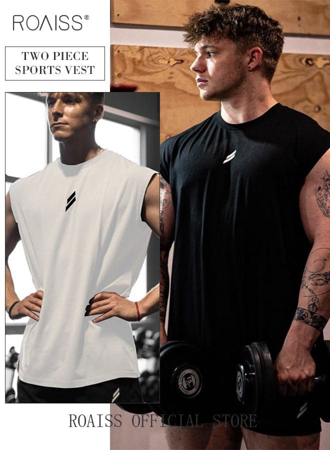2PCS Men's Sports Vest Muscle Fitness Casual Running Training Loose Large Size Cotton Sleeveless Crew Neck Undershirt Summer Comfortable and Soft Dailywear Jersey