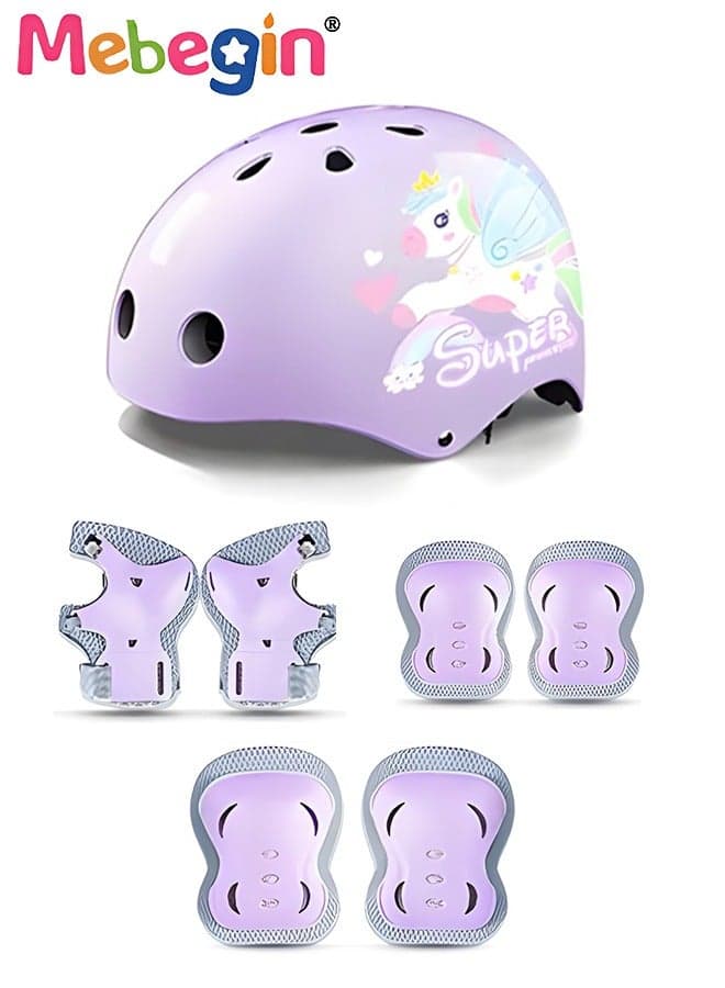 7PCS Adjustable Helmet and Pads Set, Sports Protective Gear Set with Elbow Knee and Wrist Pads, Bike Helmet with Adorable Pattern, Suitable for Multi-Sports Like Cycling, Skateboard, Scooter, Roller Skating, Ideal Gift for Kids