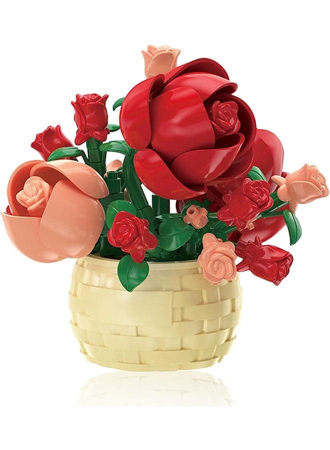 Mini Flowers Building Block Set, Flower Blocks Toys, Plants and Succulent Toys, Building Block Flowerpot, Botanical Collection Birthday Gift for Girls Boys Adults Kids Ages 6+ (Rose 128Pcs)