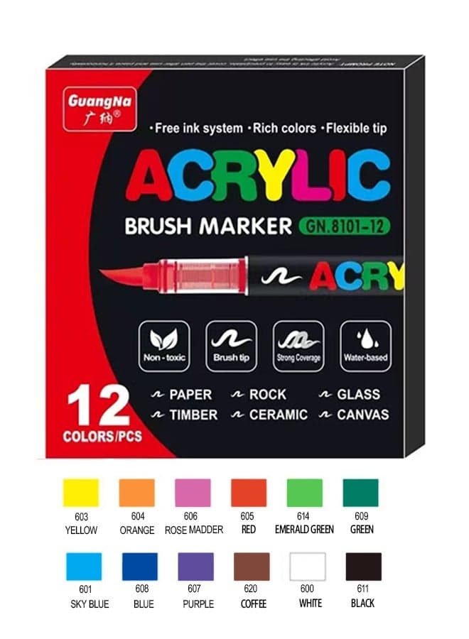 GuangNa|12 Colors Direct liquid acrylic marker| Soft Tip| Smooth Flow Drawing|For Students & Artists