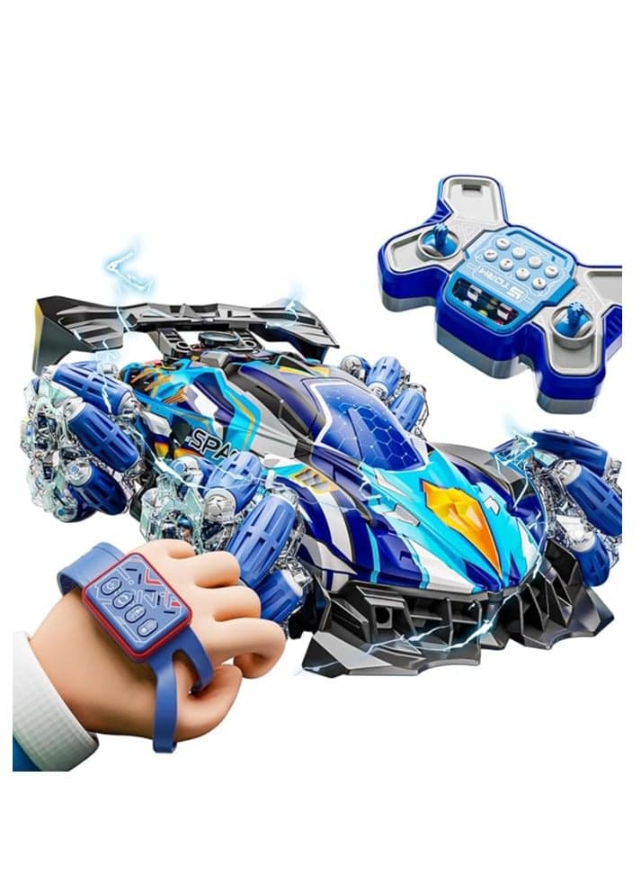 2.4ghz gesture control remote control stunt car watch drift smoke spray car toy 4wd remote control car with light music 360° Rotate Spray All Terrain Drift Gesture Rc Car Toy For Kids Boys & Girls Blue