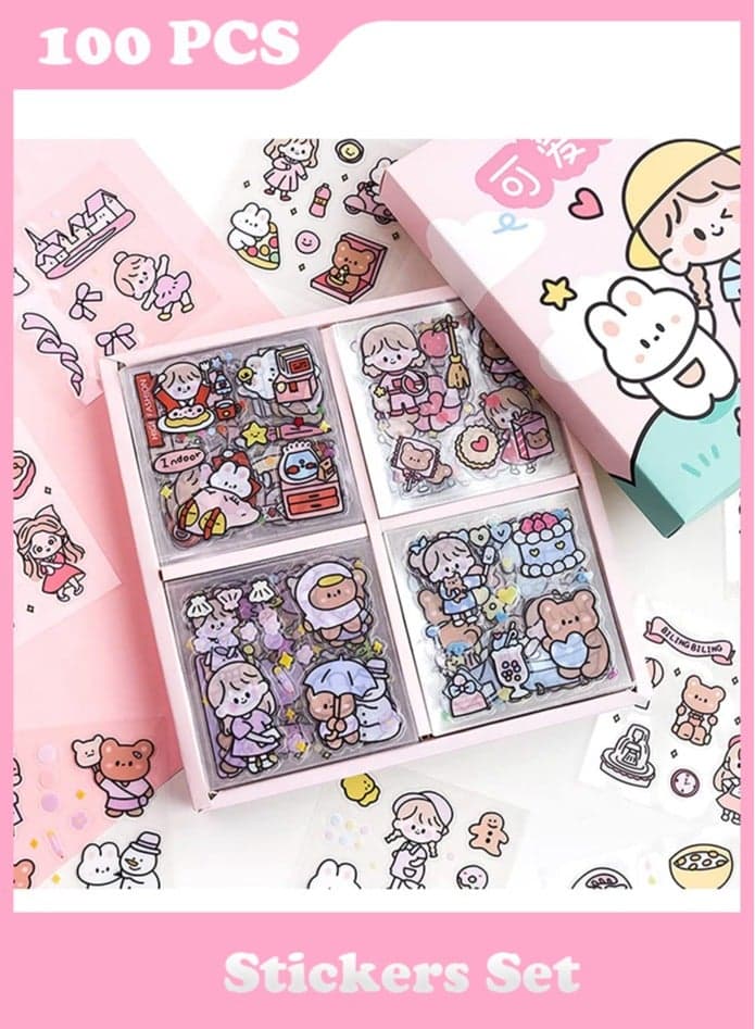 100 PCS Stickers Set, Sheets Small Pieces Cute PET Transparent Cartoon Character Animal Flower Decorative Scrapbook Sticker Decal for DIY Arts Crafts, Album, Planners, Calendars and Notebook