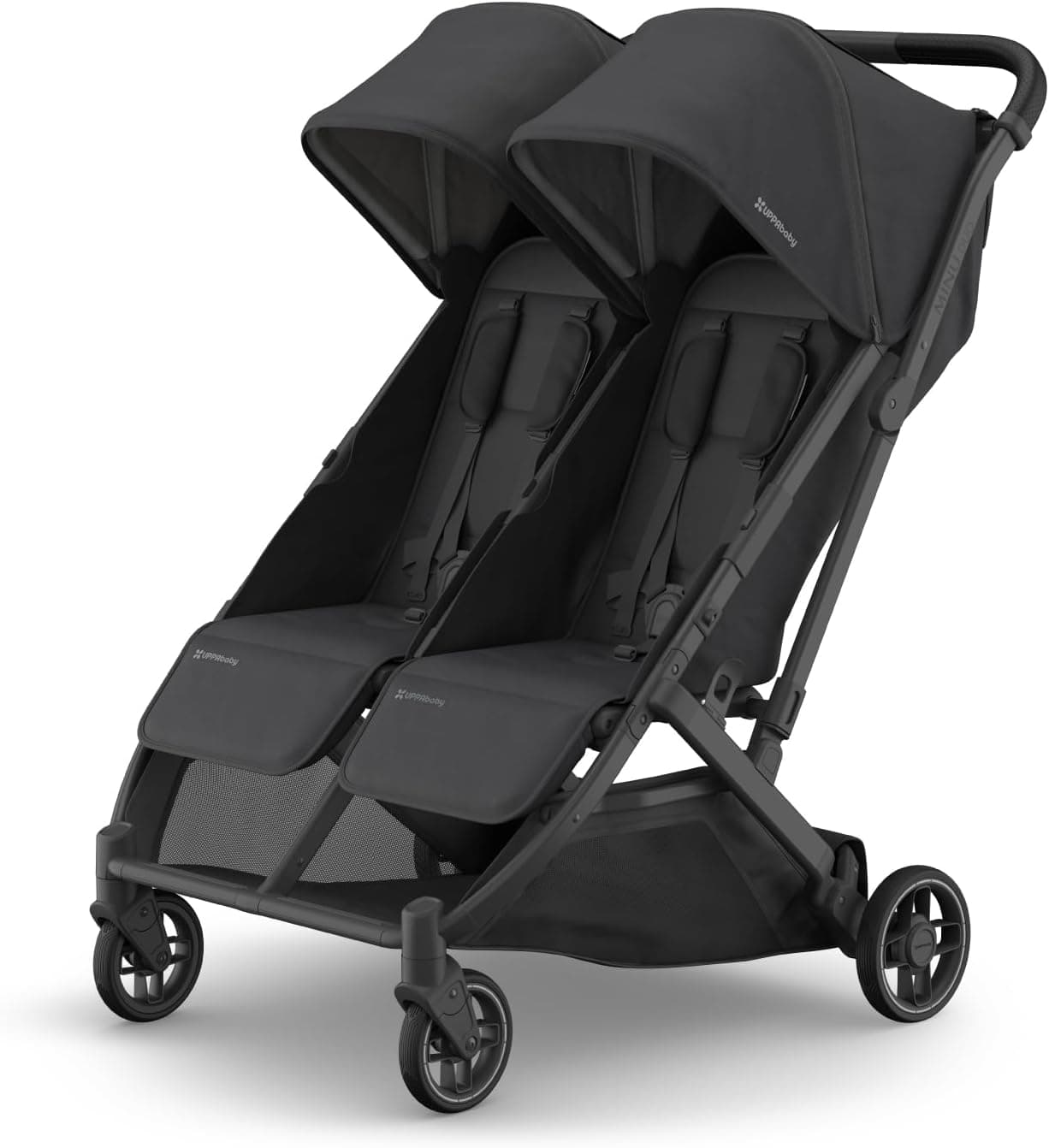 UPPAbaby Minu Duo Side-by-Side Double Stroller - Lightweight + Compact Design for Travel - Easy Fold - from Birth to Toddler - Independent Recline - Jake (Charcoal/Carbon Frame/Black Leather)