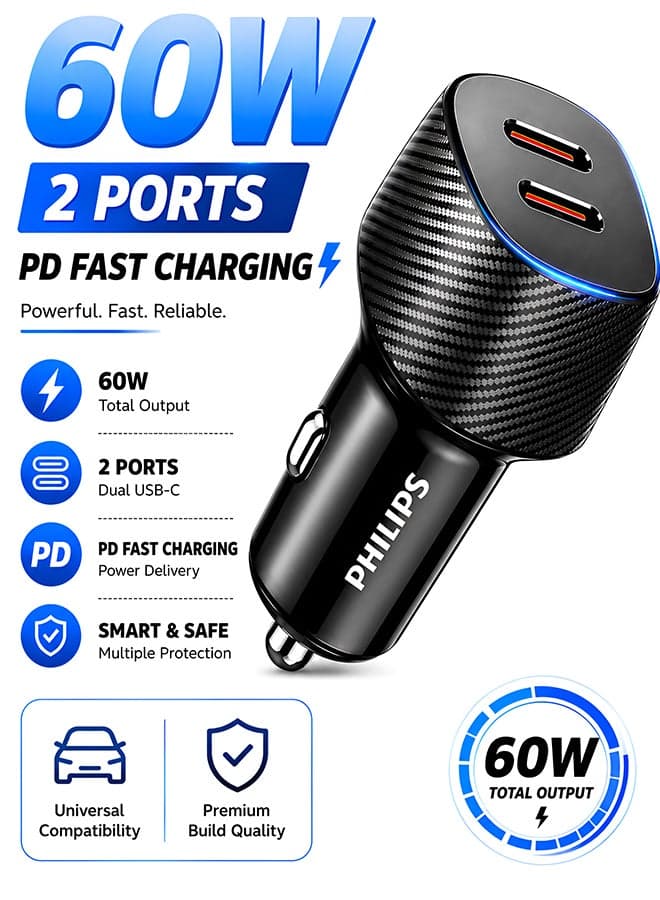 60W Dual USB-C Car Charger | Fast Charging PD 3.0 | iPhone 16/15/14, Samsung Galaxy S25/S24, iPad | Dual Port Simultaneous Charging | Smart Protection | Black Black - Without Cable