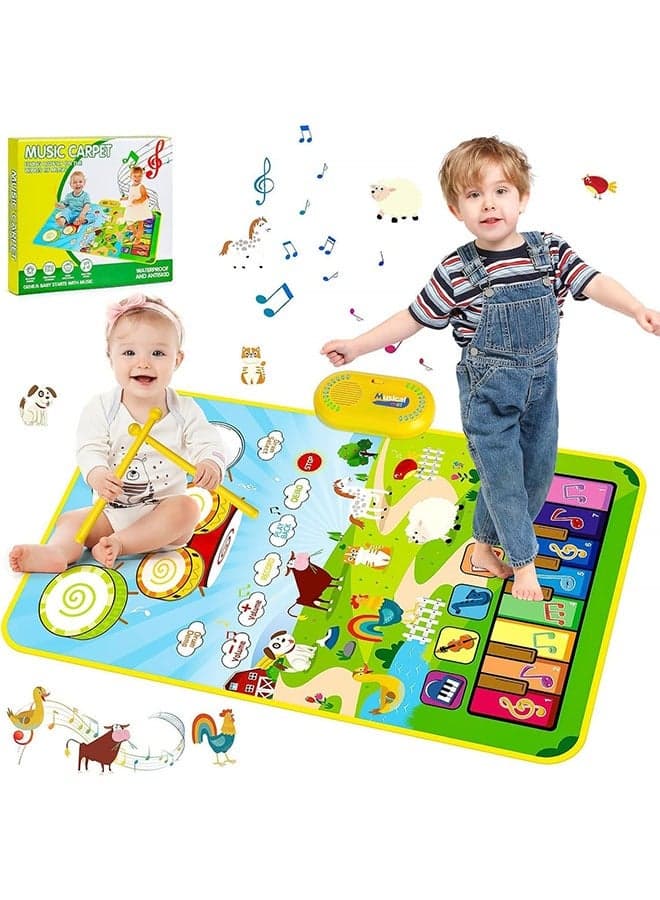 Musical Mat for Toddlers, Musical Toys Child Floor Piano Keyboard and Drum Mat Carpet with 2 Sticks, Animal Blanket Touch Play Mat Pads, Birthday Gifts for Girls Boys