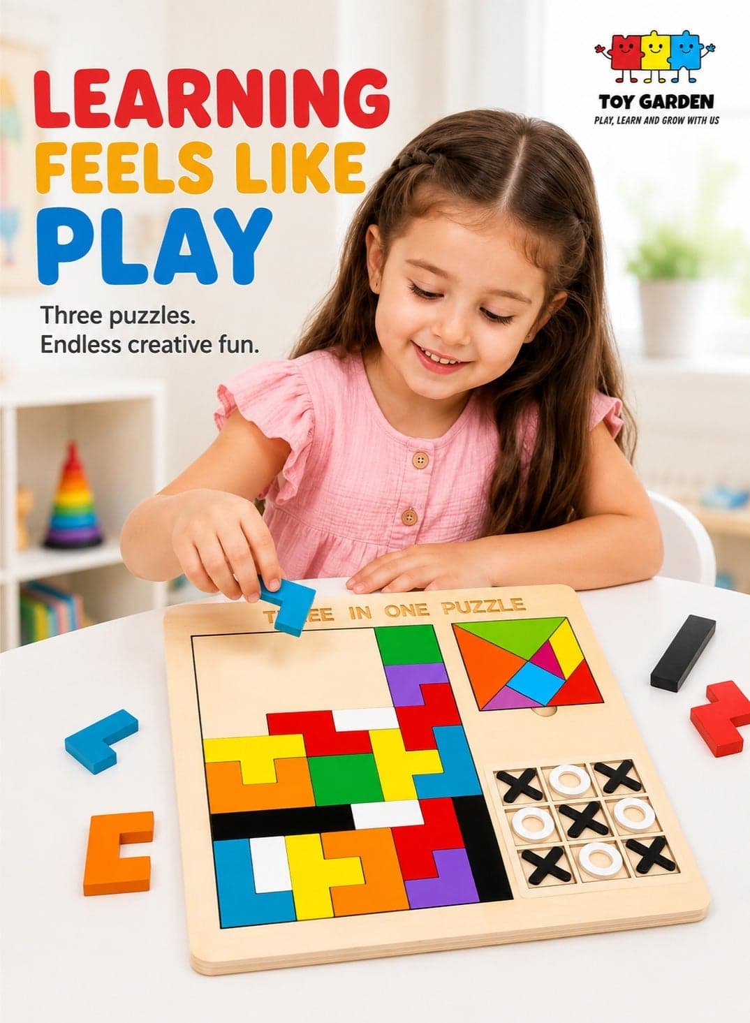 3-in-1 Puzzle Game for Kids - Educational Colorful Square Tangram, Chess, & Tic-Tac-Toe - Multicolor Wooden Building Blocks, Brain Teasers for Boys & Girls, XOXO Board Game Toy