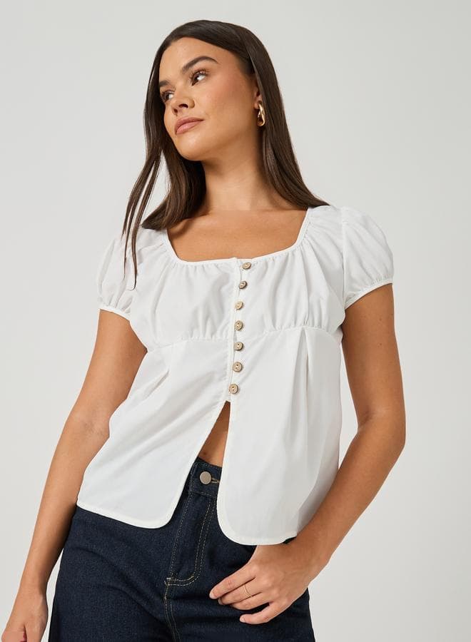 Plain Puff Sleeves Buttoned Top with Gathered Detail
