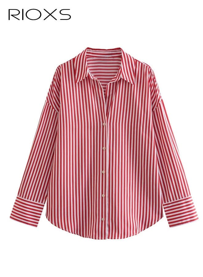 Women's Red and White Striped Button Down Shirt, Classic Collar Long Sleeve Regular Fit Casual Top for Office and Weekend