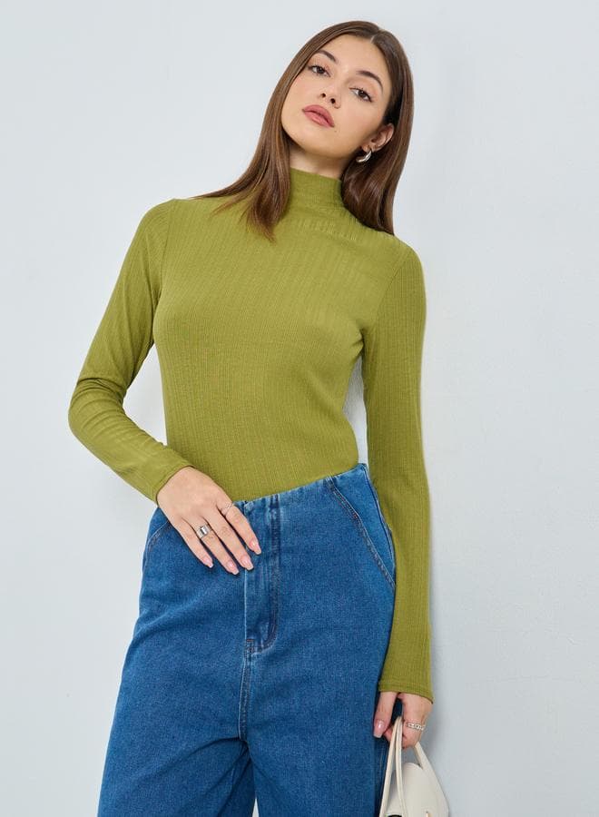 Green Ribbed Knit High Neck Top