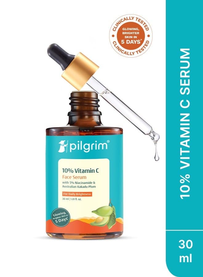 Pilgrim 10% Vitamin C Face Serum For Daily Brightness 30 ml | Face serum for glowing skin | Reduces Dark Spots & Evens Skin Tone | Fragrance Free | For Men and Women | All Skin Types |