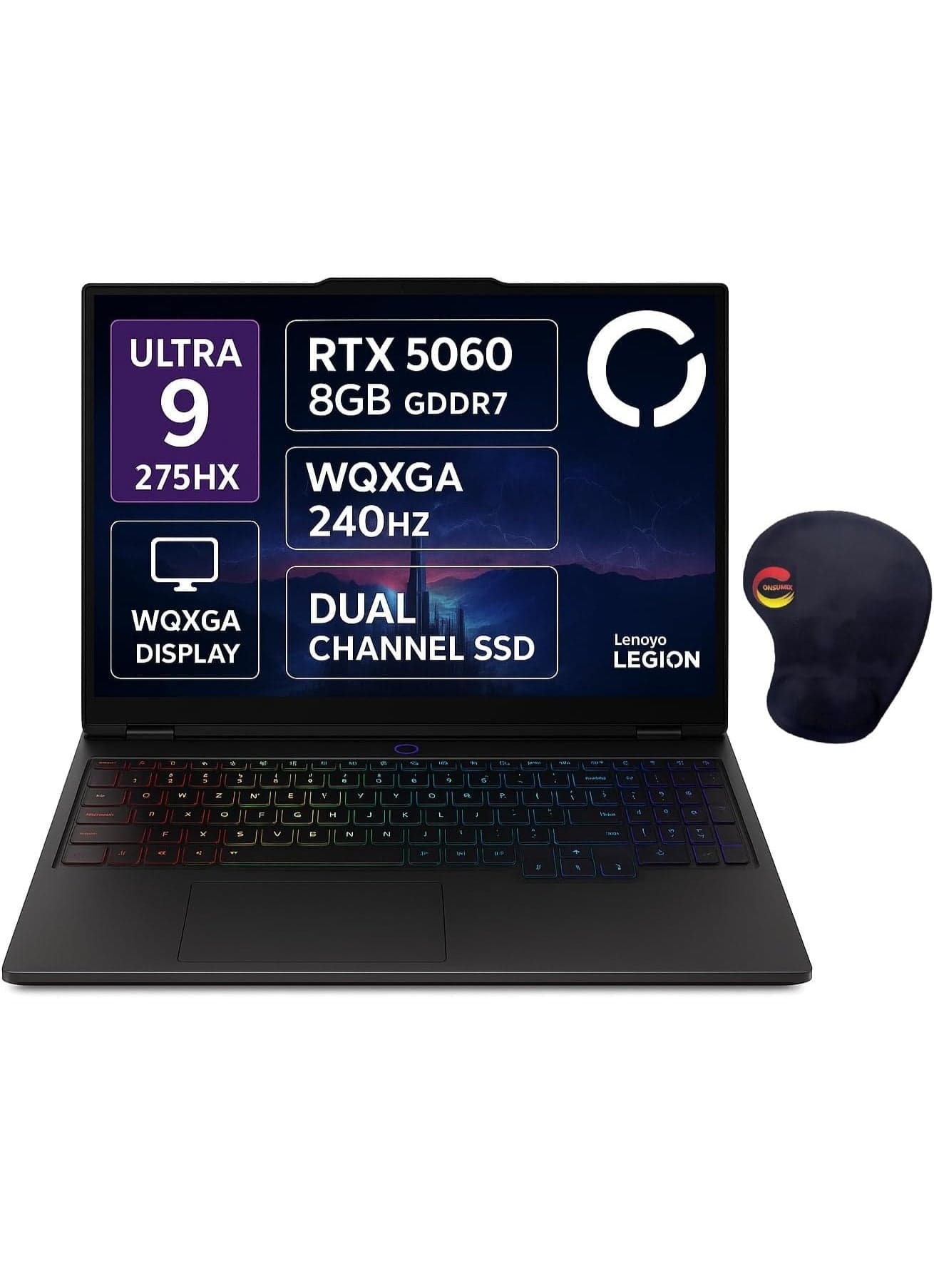 (Upgraded Version) Lenovo Legion 5 16IAX10 Gaming, 16" WQXGA 240Hz Display, Core Ultra 9 275HX, 32GB DDR5 RAM, 1TB PCIe 4.0 SSD, NVIDIA GeForce RTX 5060 8GB, 24-Zone RGB KB, Win 11, Storm Grey with Consumix Mousepad English grey English grey