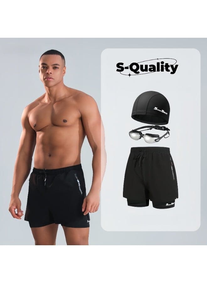 Men’s Swimming Set of 3 – Double-Layer Quick-Dry Swim Shorts + PU Cap + Electroplated Anti-Fog Goggles