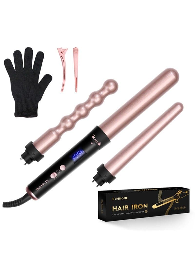 Curling Wand Set 3 in 1 Hair Curler with 3 Interchangeable Curling Wand Ceramic Barrel(15-32mm) With LED Temperature Adjustment And Heat Up Hair Curler Include Heat Resistant Glove rose