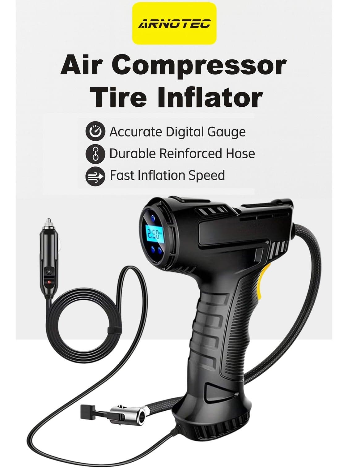 Portable Digital Tire Inflator for Car, 12V Air Compressor Pump with LED Light, Automatic Stop, Fast Inflation, Metal Cylinder, USB Rechargeable, for Cars, Bikes, Motorcycles, and Balls