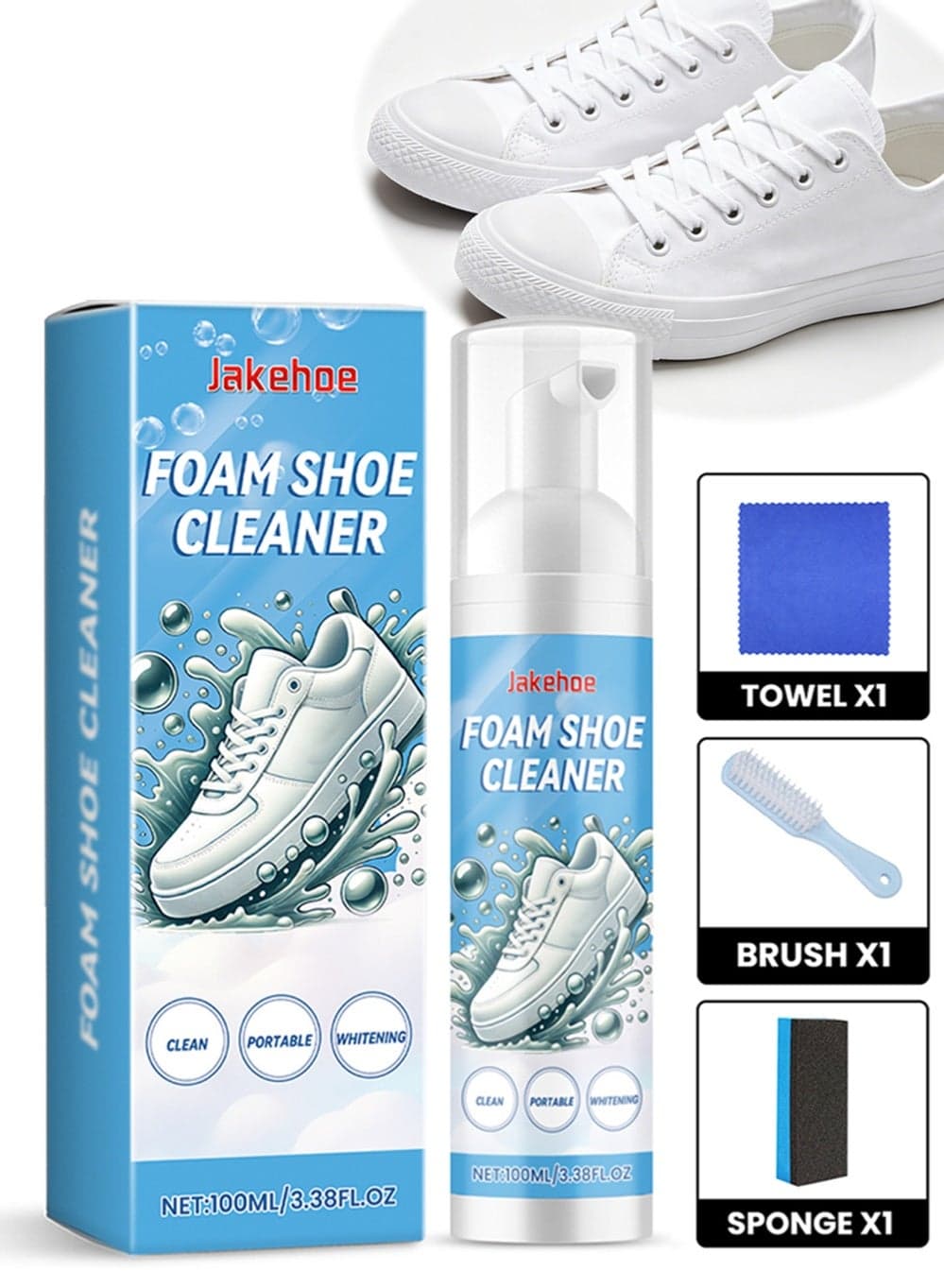 Foam Shoe Cleaner Kit for Sneakers | Water-Free Sneaker Cleaner with Brush, Towel & Sponge | Deep Stain Remover for White Shoes, Canvas, Leather | Portable, Quick-Dry, Residue-Free Shoe Cleaning Set 100ml