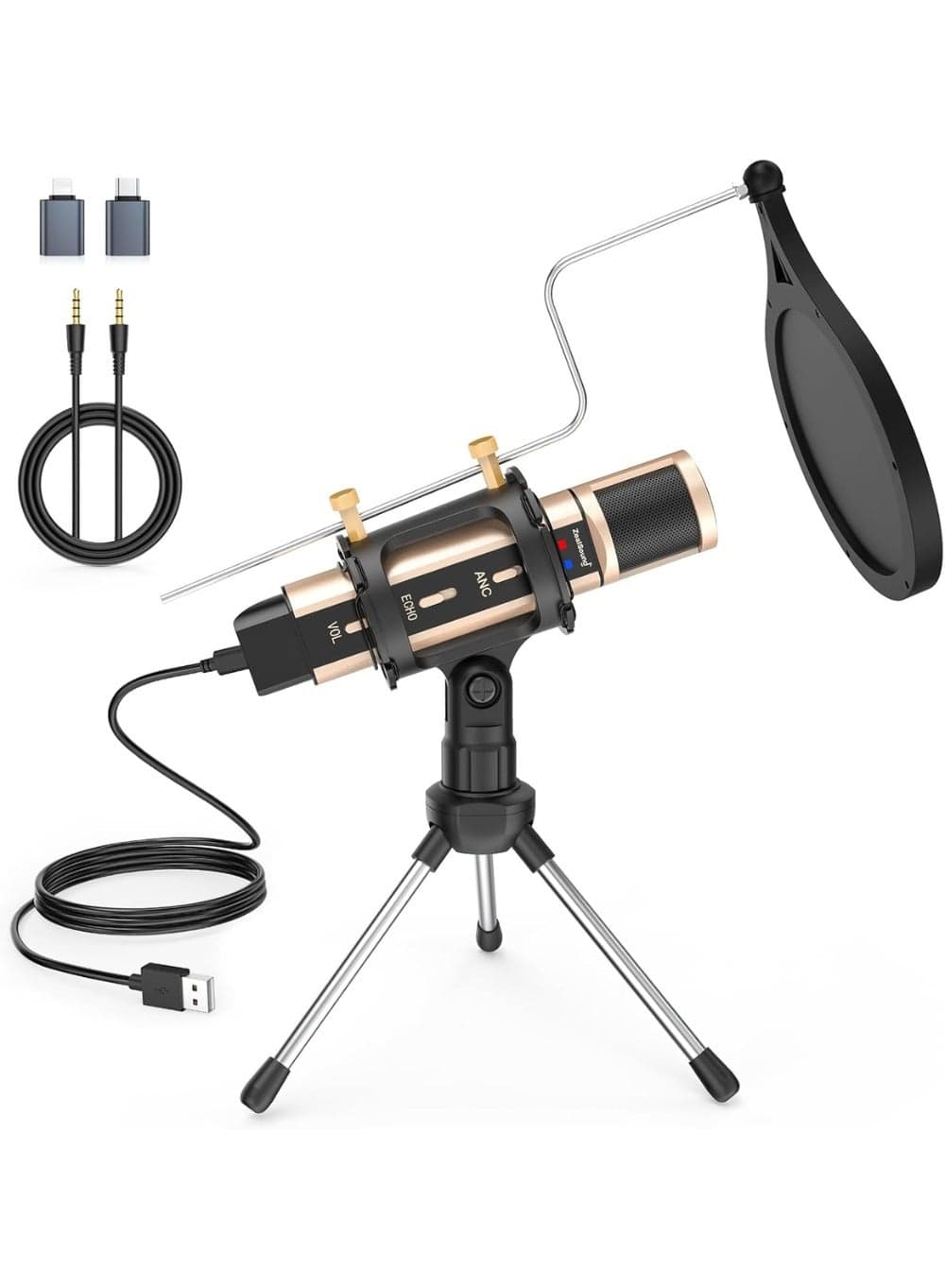 Microphone,USB&3.5mm Mic W/Type-C Adapter for i-Phone Computer Phone,Condenser Microphone with Echo Volume,Tripod Stand,Pop Filter,for ASMR Video Recording Streaming Youtube Discord Twitch