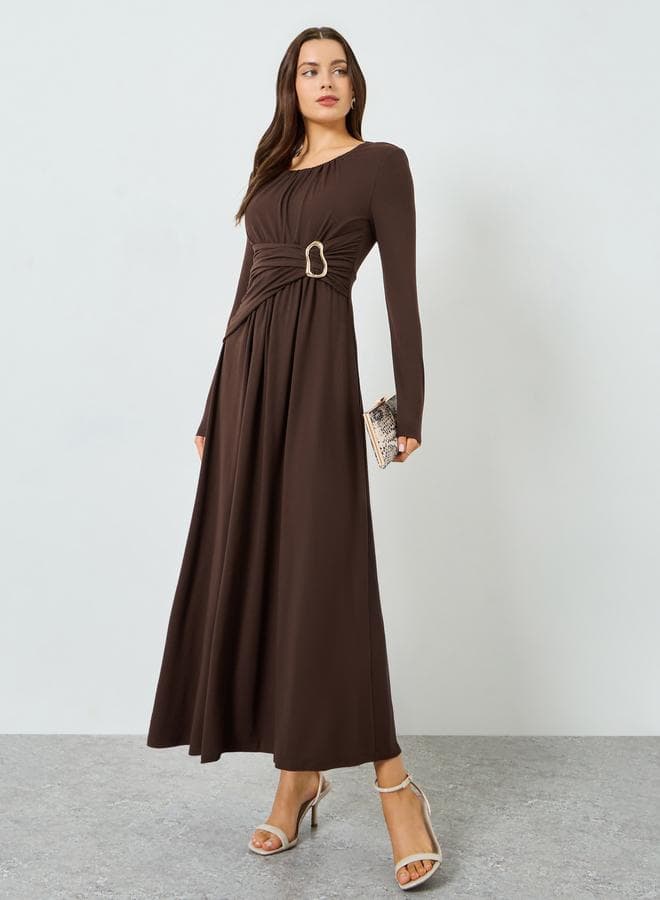 Brown Ruched Detail Long Sleeve Maxi Dress