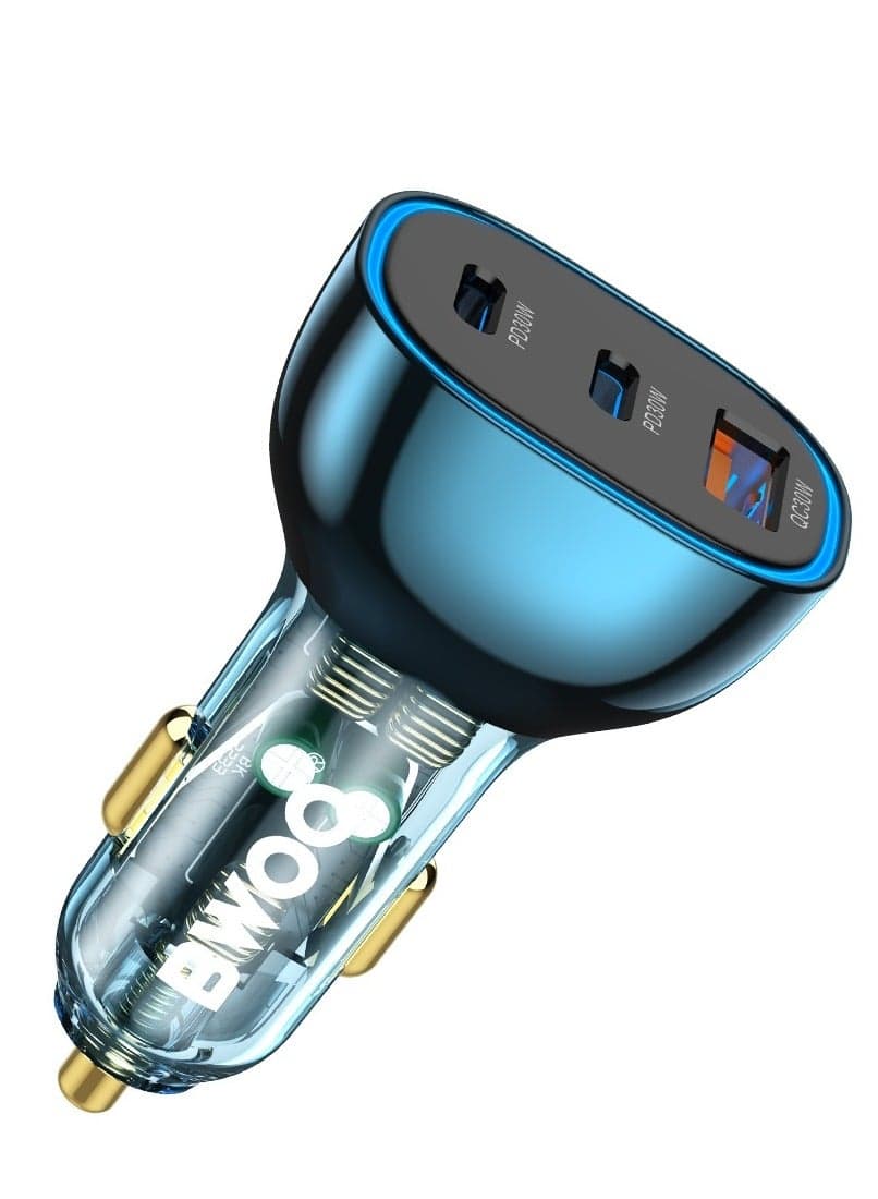 Bwoo Fast Car Charger, 90W USB-C Car Charger 3 Port Transparent & Blue for Iphone, Ipad, Samsung, Vivo, Huawei