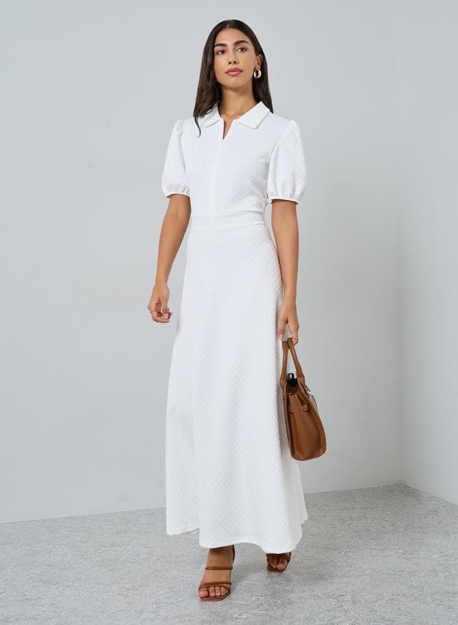 White Textured Maxi Dress with Puff Sleeves