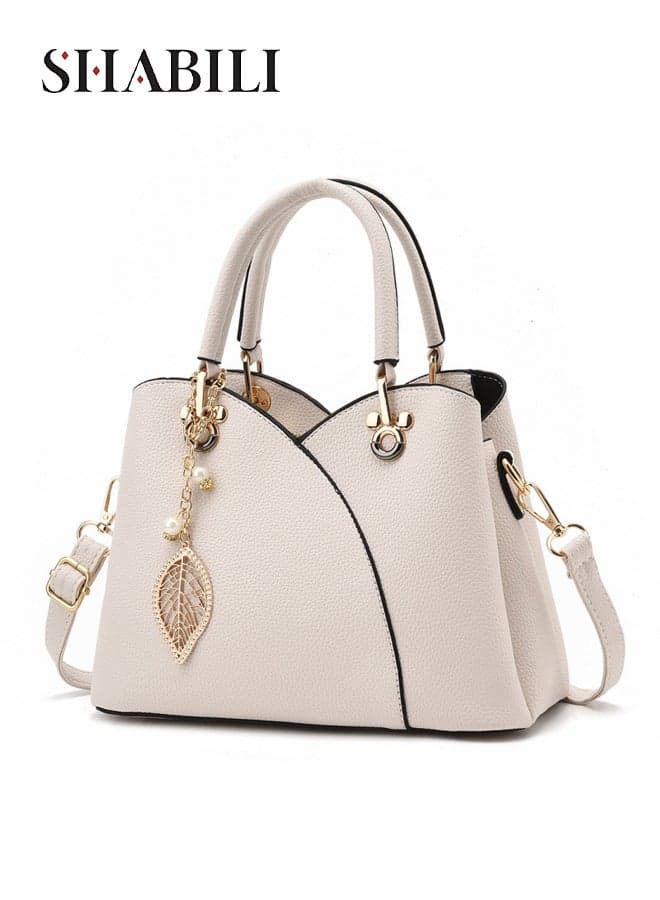 Women Shoulder Bag PU Large-Capacity Multi-Pocket Embossed Satchel, Ladies Handbag Tote Crossbody Cross Bags Fashion Leaf-Charm Purse for Teen Youth Daily Casual Party Travel Work Shopping (White)