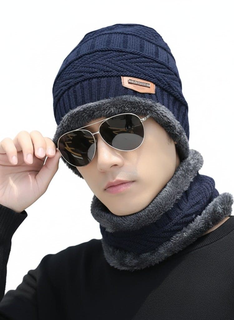 2 Piece Navy Winter Thick Hat Beanie scarf set