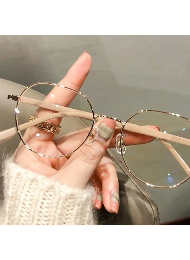 1pc Elegant Round Frame Glasses for Women - Golden and Beige Metal, Full-Rim Design, Ideal for Computer Reading, Gaming, TV, and Phone Use (Includes eyeglass case),blue lighe blocking glasses,eyeglasses。