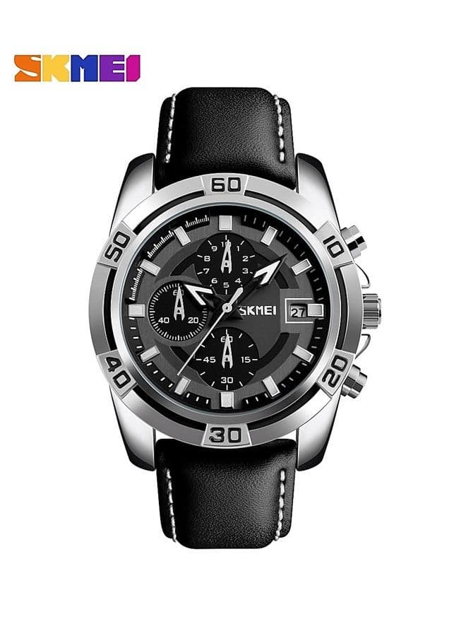 SKMEI Men Sport Quartz Waterproof Wrist Watch Black Leather Chronograph 9156