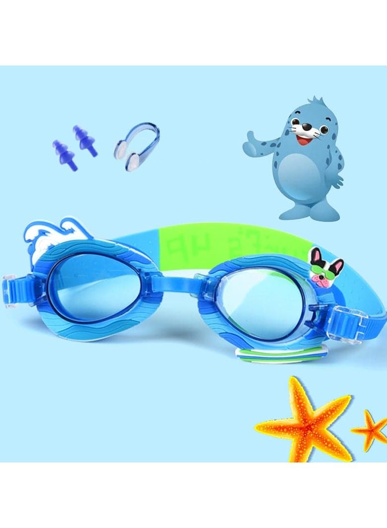 3 in 1 Anti-fog Set of Children's Cartoon Silicone Anime Swimming Glasses Swimming Pool Girls Swimming Training Diving Equipment Ear Plugs, Nose Clip, Effectively Block UV Ray (Blue)