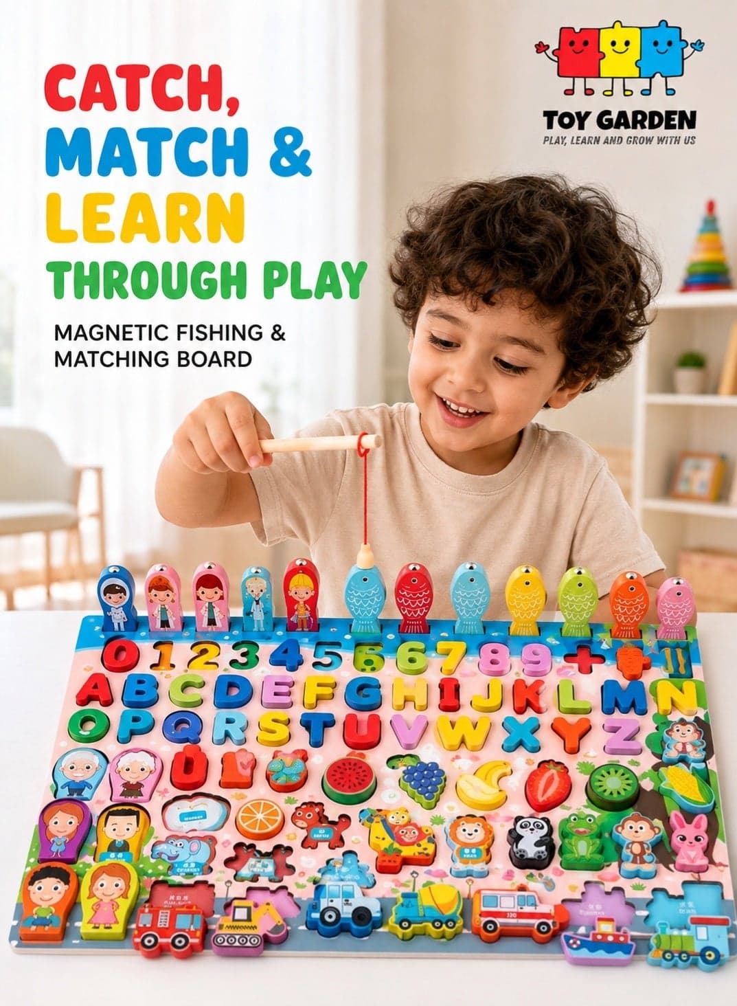 Montessori Toys, Wooden Montessori Educational Toy - 6 in 1 Wooden Blocks Logarithmic Puzzle Board - Educational Kids Toy For Learning Alphabets, Numbers, Shapes, Colors & Math - A Fishing Game For 2, 3, 4 & 5 Years Old Baby