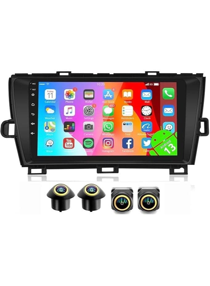 Android Car Stereo for Toyota Prius 2010-2015 4GB RAM 64GB ROM Support Carplay, M-Link Wi-Fi BT, Radio GPS, 9 Inch IPS.QLED Touch Screen, Fast interface with 360D Camera Included