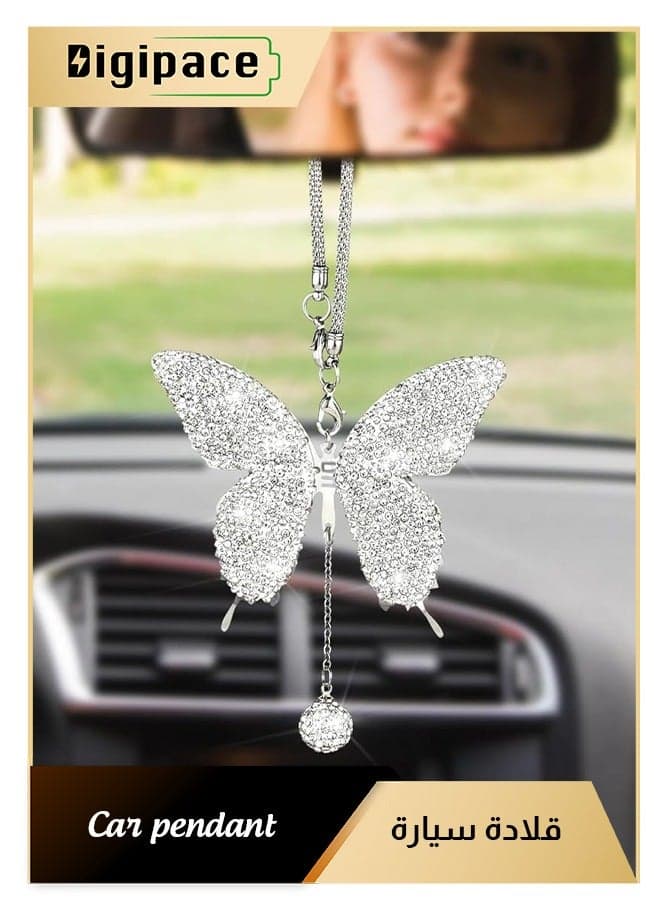 Butterfly Shape Car Ornaments Car Interior Mirror Ornaments Car Diamond Rearview Mirror Accessories Car Hanging Ornament White
