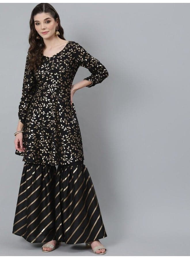 Black & Gold Foil Printed A-Line Kurta With Sharara Set