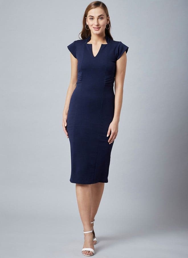 Navy Blue Solid Sheath Dress for Women