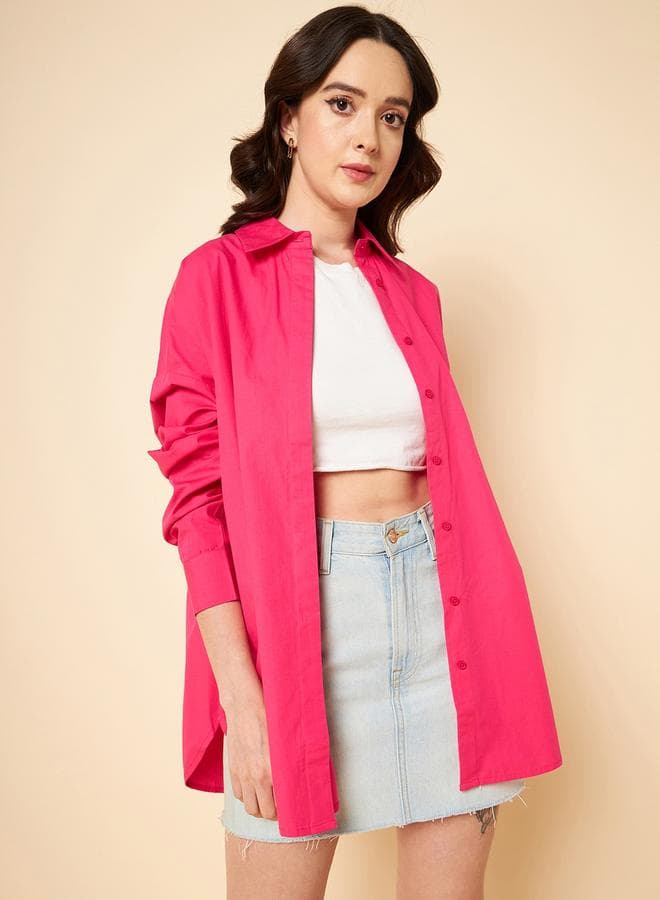 Women's Pink 100% Cotton Solid Pattern Button Down Shirt