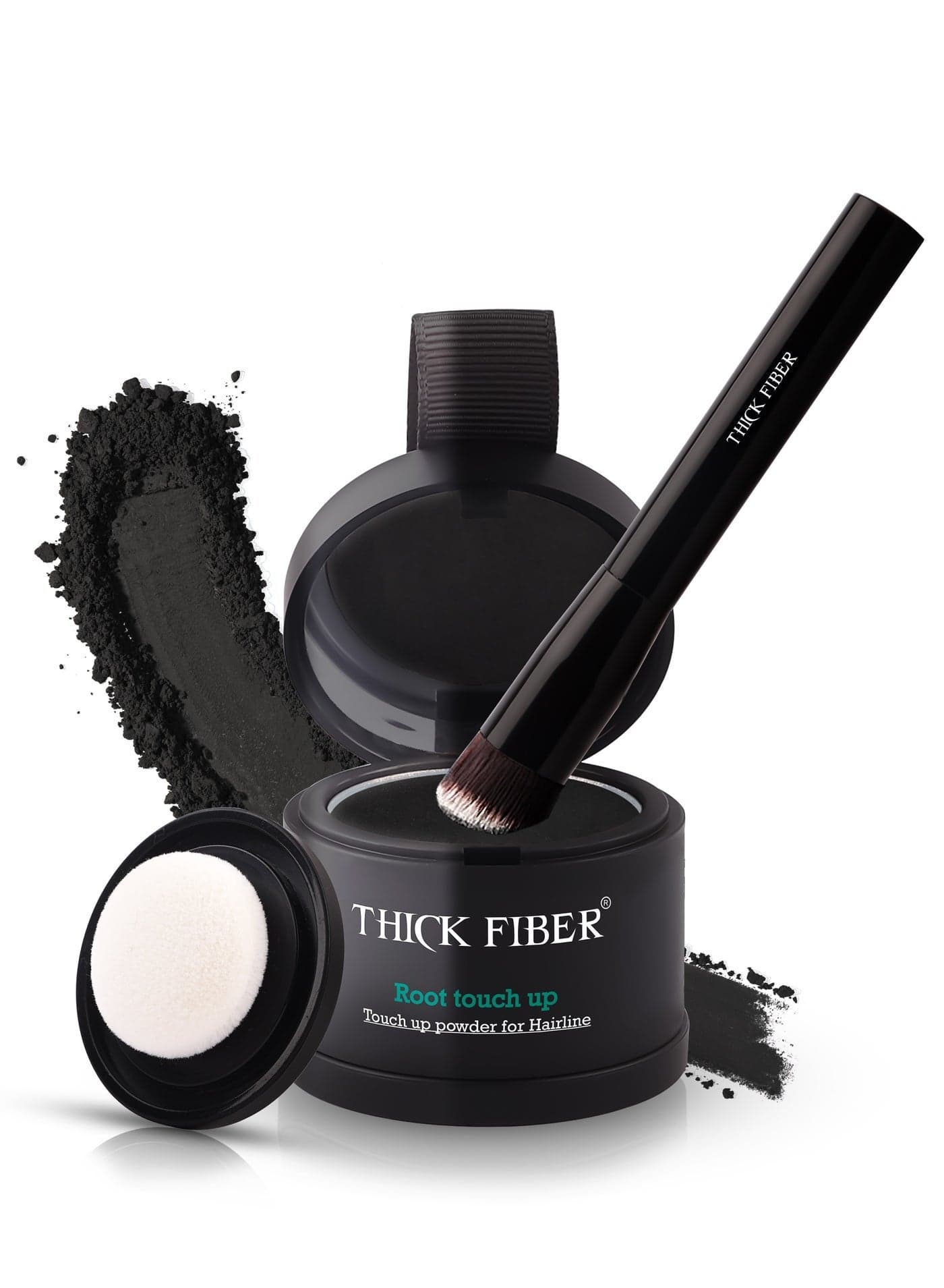 THICK FIBER Root Touch Up Powder - Water & Sweat Resistant Hair Loss Concealer Set for Thinning Hair Women, Includes Brush (Black)