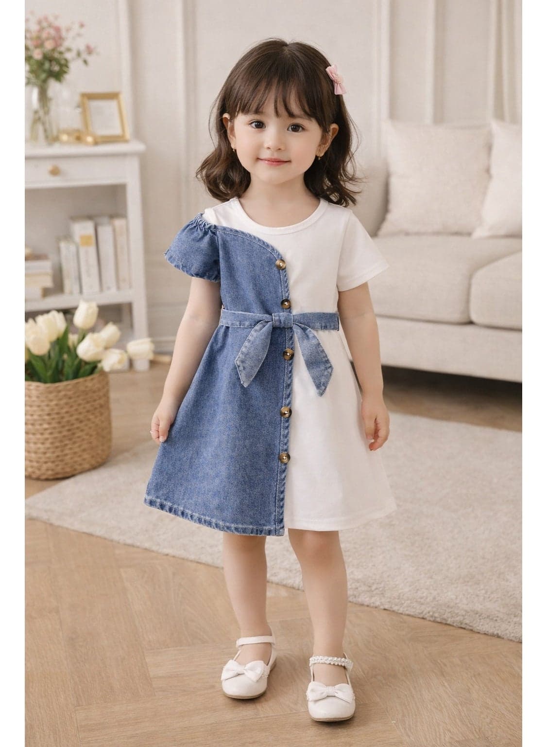 Girls Denim Patchwork Dress for 2–5 Years | One-Shoulder Style with Button Detail & Waist Tie | Casual Party Summer Outfit for Kids
