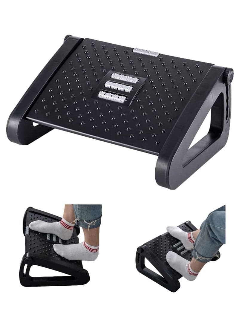 Under Desk Footrest, Adjustable Foot Rest with Massage Texture and Roller, Ergonomic Step Stool with 6 Height Position for Home, Office, School Black