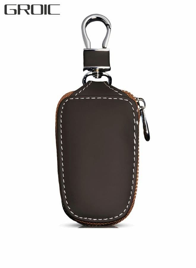 Genuine Leather Car Key Holder Bag Key Case Wallet Zipper Closure Holder Metal Hook Auto Key Fob Holder Smart Protector General Cover(Brown)