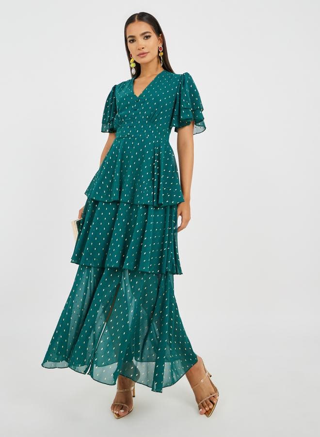 Self Design Flared Sleeves Tiered Maxi Dress