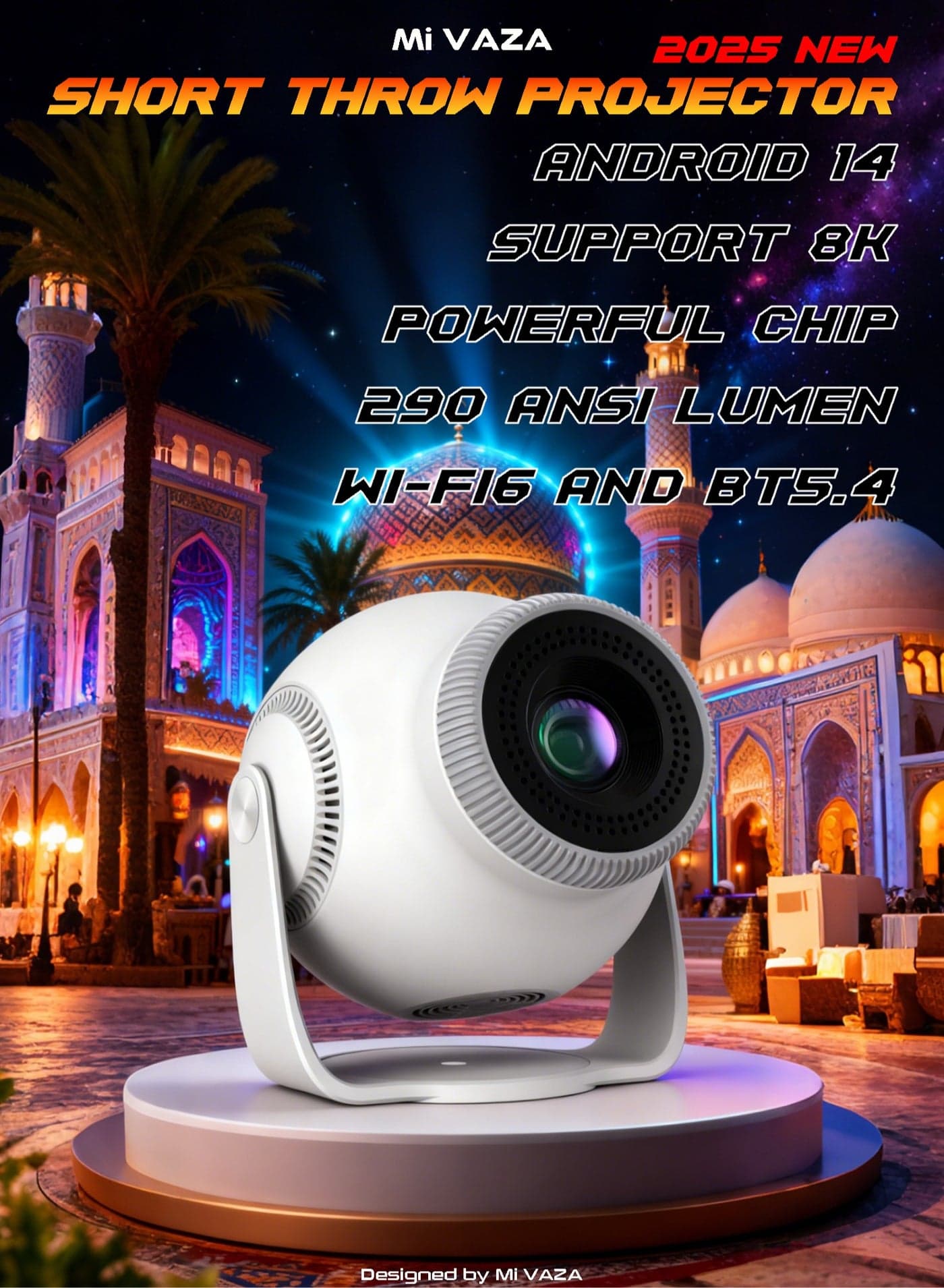 Short Throw Projector - Support 8K - 290 ANSI Lumen - Portable Projector with Auto Keystone Correction, Android 14, 5G Wifi 6, Bluetooth 5.4, HDR10+ - Mobile Home Theater - Compatible with Android/iOS/Windows/TV Stick/HDMI/USB/Game Controller/Computer/Laptop/Smartphone