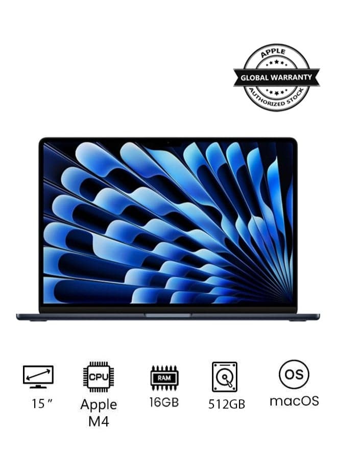 MacBook Air MW1M3 With 15 Inch Display, M4 Chip 10-Core CPU 10-Core GPU | 16GB RAM | 512GB SSD | macOS | English/Arabic Midnight