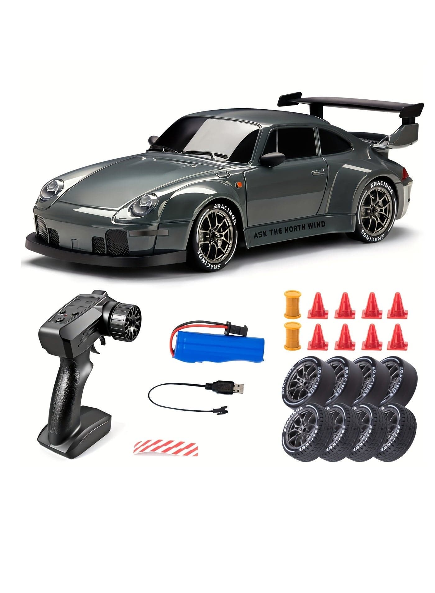 1:24 Scale RC Drifting Car – High-Speed Remote Control Vehicle with LED Lights, 2.4GHz Wireless Controller and Rechargeable Battery