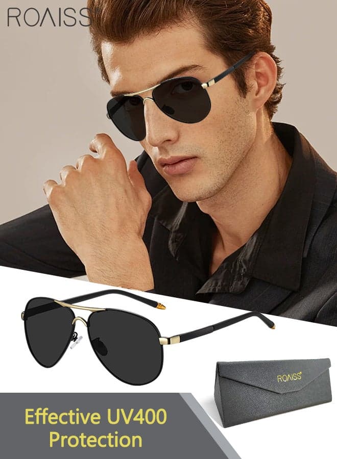 Men's Polarized Aviator Sunglasses, UV400 Protection Sun Glasses with Metal Frame, Fashion Anti-Glare Sun Shades for Men Driving, Fishing, Traveling, Black Gold, 56mm