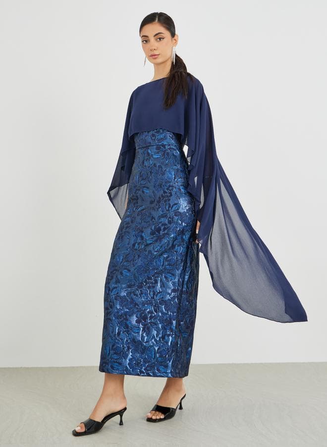 Jacquard Chiffon Cape Sleeve Cape Maxi Dress