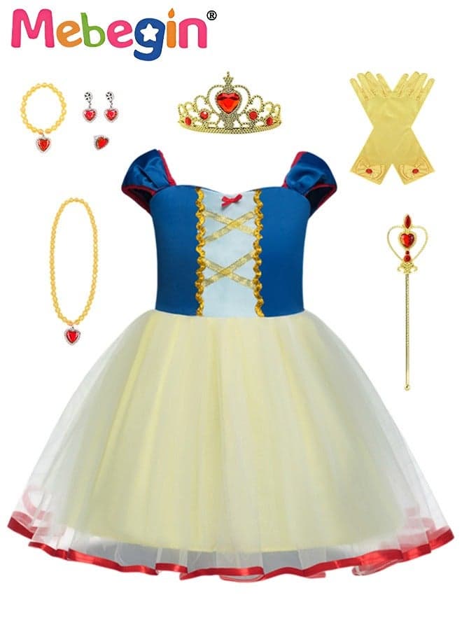 Princess Snow White Dress Set with 7 PCS Accessaries, Elegant Princess Dress Up Costume for Girls, Made of Breathable Polyester Tulle Material, Great for Fancy Dress Parties, Birthdays, Prom Outfits and Cosplay Activities