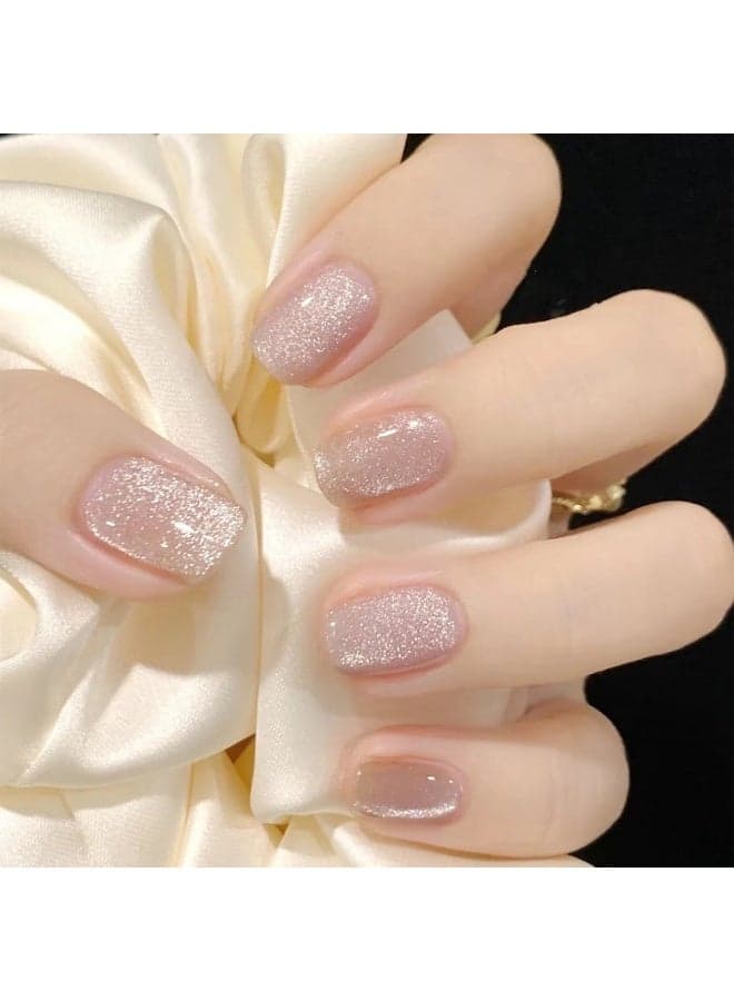 Glitter Press On Nails Nude Pink Sparkle Glossy Almond Shape Artificial Nails Set Full Cover Reusable Stick On Nails Soft Gel Acrylic Style Elegant Shimmer Nails for Women Daily Wear Wedding Party Salon Look