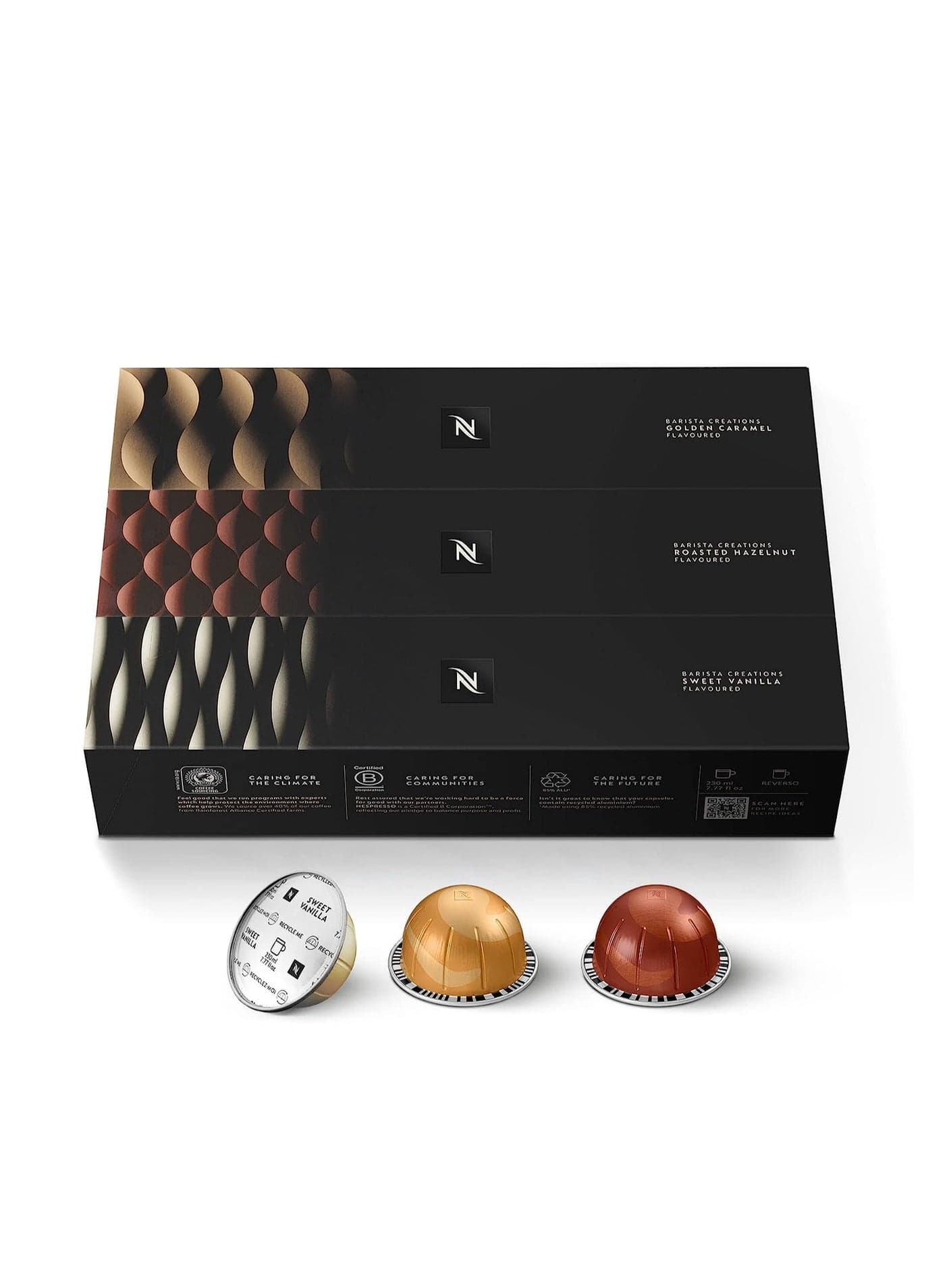 Nespresso Capsules VertuoLine Barista Flavored Pack Roasted Hazelnut Sweet Vanilla and Golden Caramel Mild Roast Coffee 30 Count