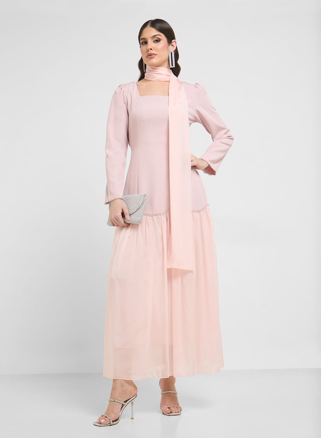 Dress With Embellished Hem & Scarf